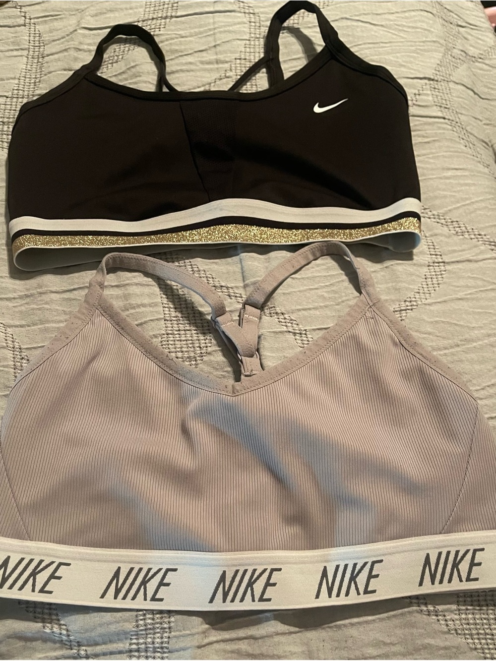 Nike Dual Sports Bras in Black with Gold Accent & Taupe